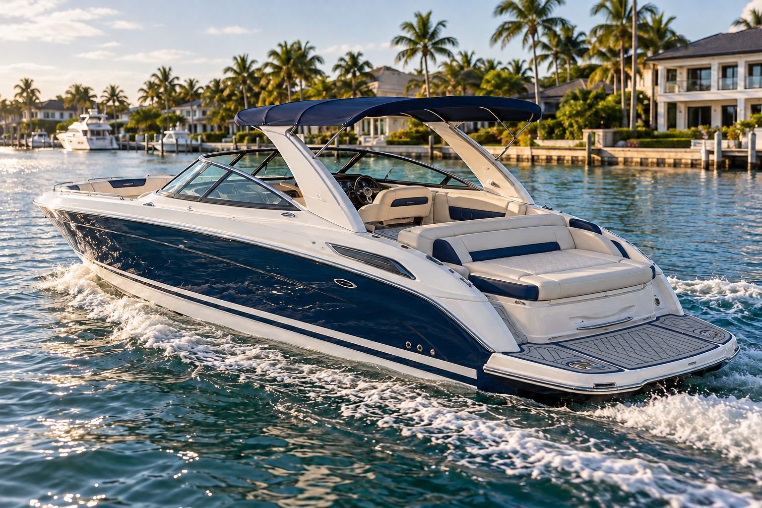 Premium 28-to-32-foot luxury bowrider with deep-V hull, open bow lounge, tailored upholstery, power Bimini, and storm-gray layered EVA foam SeaDek swim platform