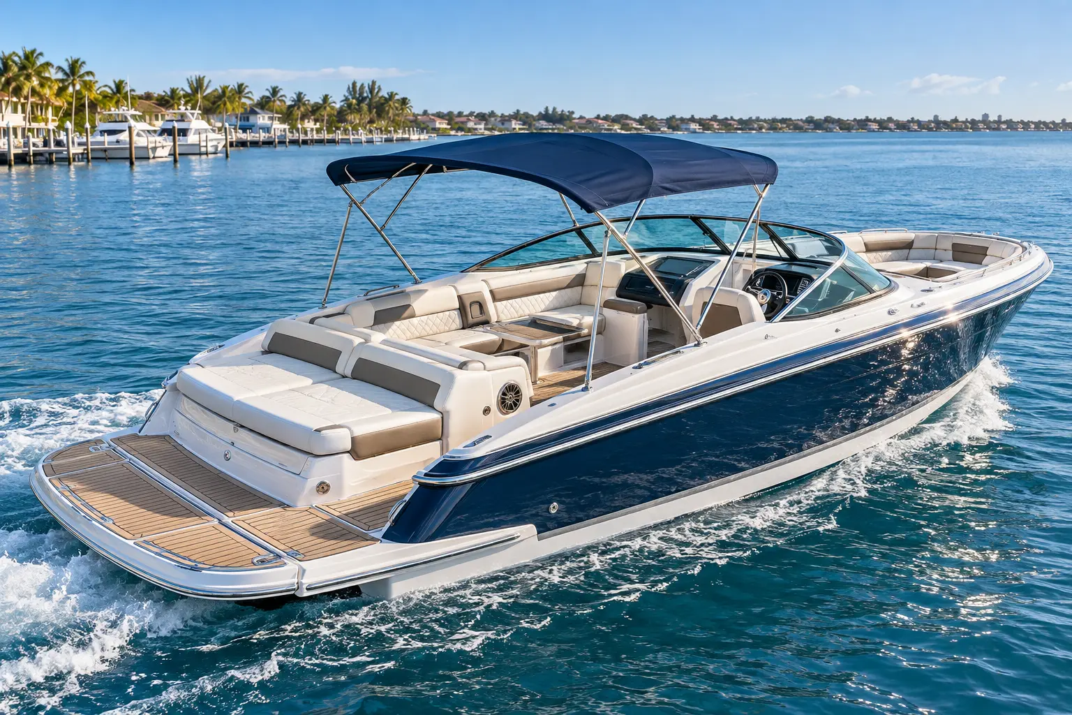 Premium 25-to-35-foot bowrider with custom upholstery, Bimini top, and marine flooring