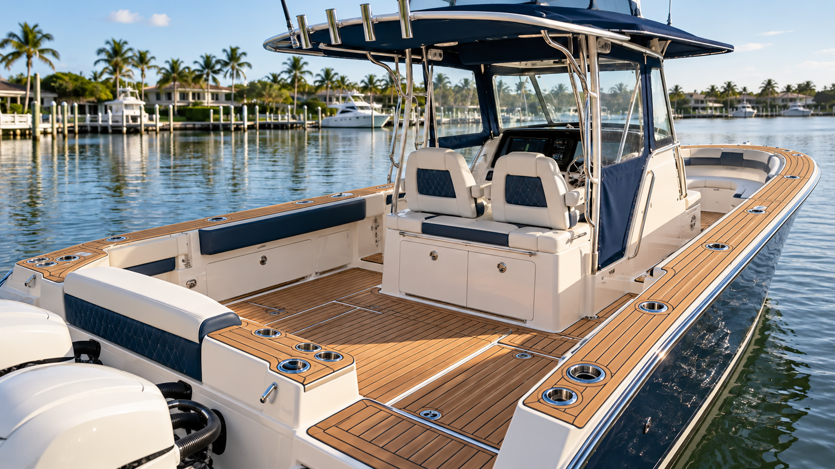 Luxury center-console boat with Flexiteek cockpit decking and Flexiteek-covered gunwale caps