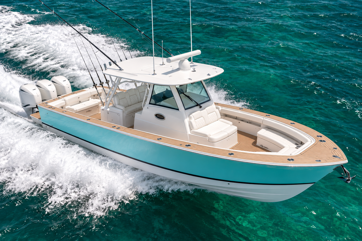 Aqua-and-white offshore center-console underway with professionally fitted Flexiteek decking, narrow caulking, and clean hardware cutouts
