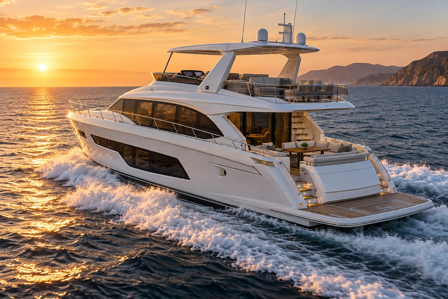 Luxury white flybridge motor yacht underway at sunset with expansive windows, open bridge, aft lounge, and swim platform