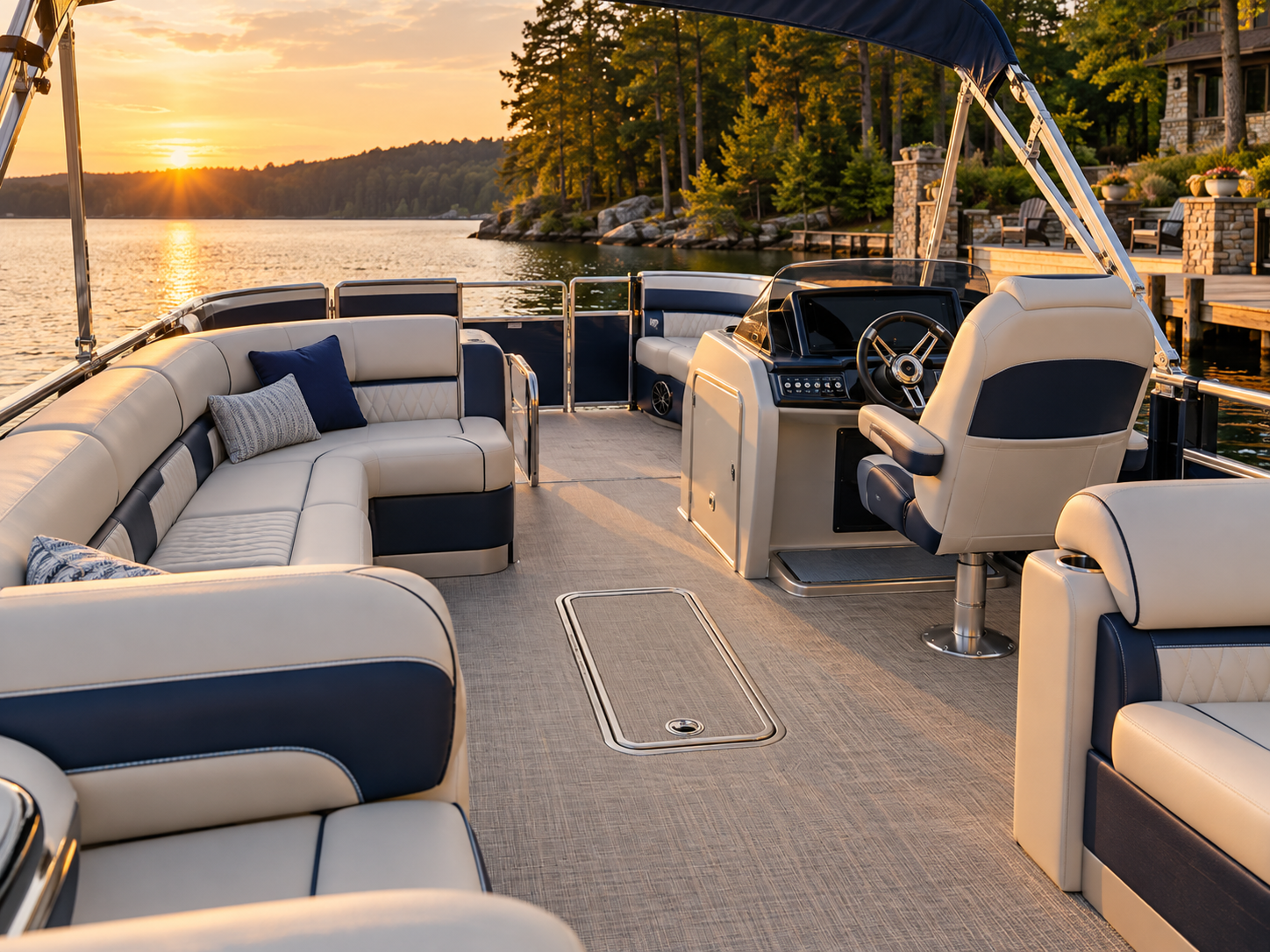 Luxury tritoon interior with premium marine upholstery and woven-vinyl flooring