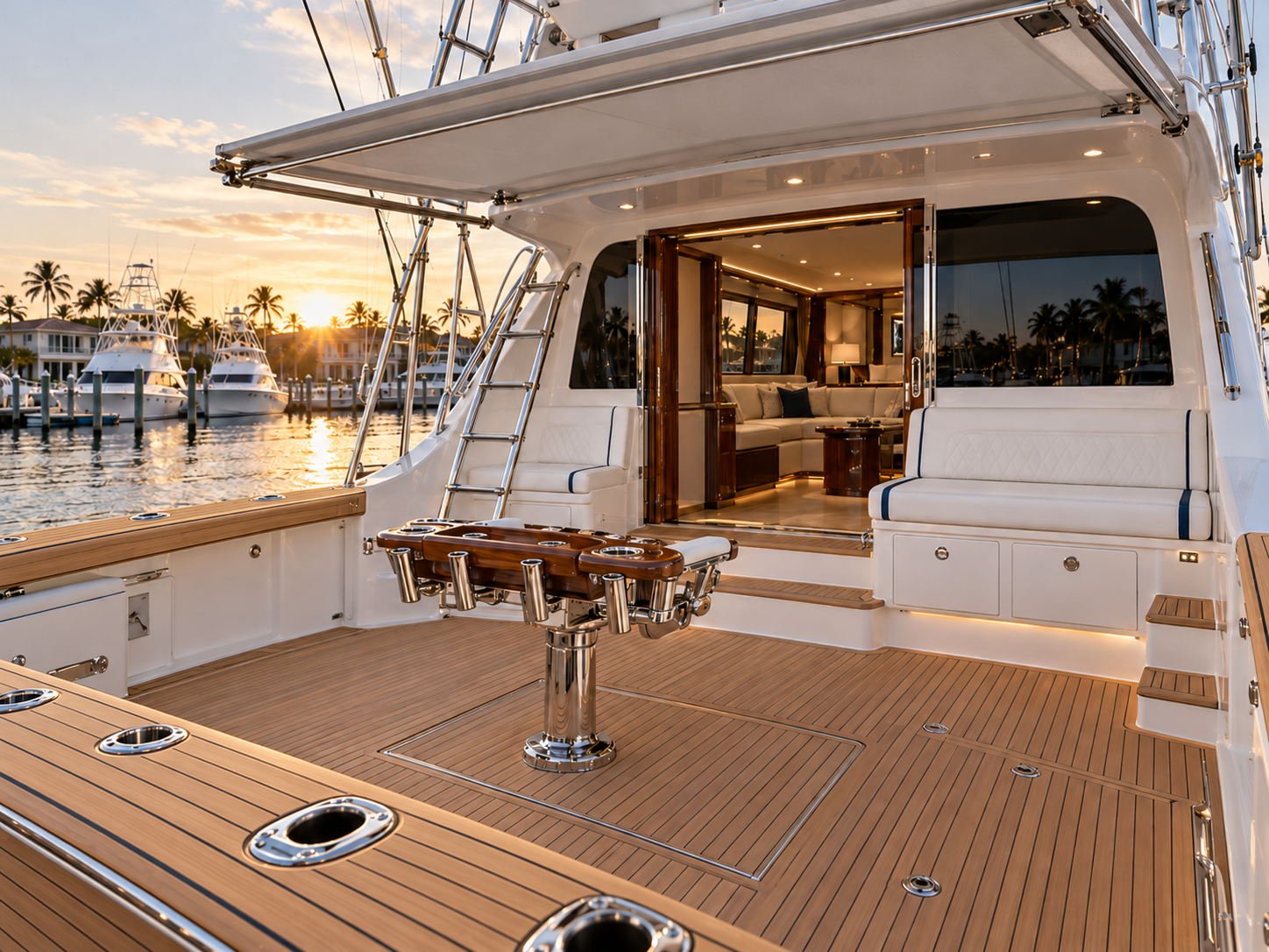 Luxury sportfishing yacht with Flexiteek cockpit decking and Flexiteek-covered gunwale caps