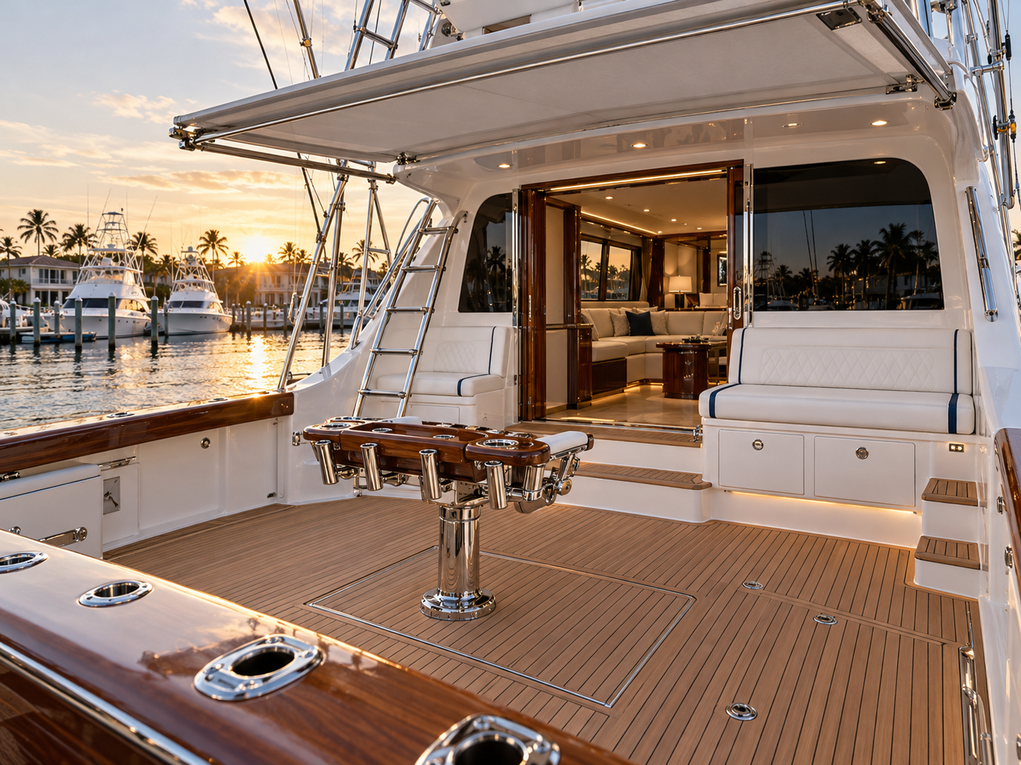 Luxury sportfishing yacht cockpit with synthetic teak decking, mezzanine upholstery, and fitted shade