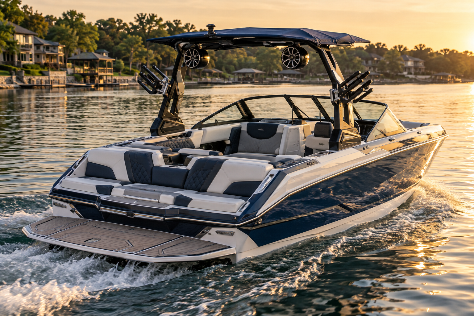 Premium multi-sport wake and ski boat with sculpted upholstery, wake tower, fitted Bimini, board racks, and non-skid flooring on an inland lake
