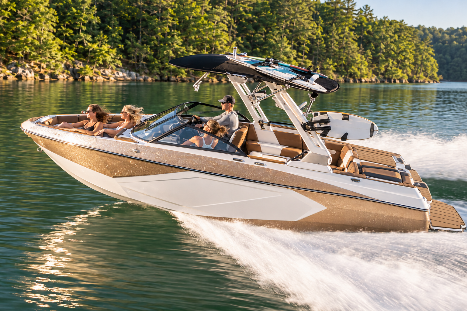 Premium tan-and-white wake and ski boat with sculpted upholstery, polished tower, fitted black Bimini, board racks, and tan layered EVA foam SeaDek flooring underway on an inland lake