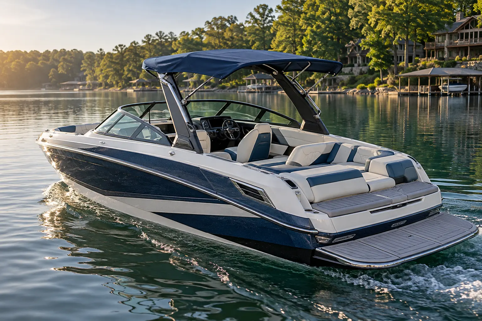 Premium wake boat on an inland lake with custom upholstery and fitted Bimini top