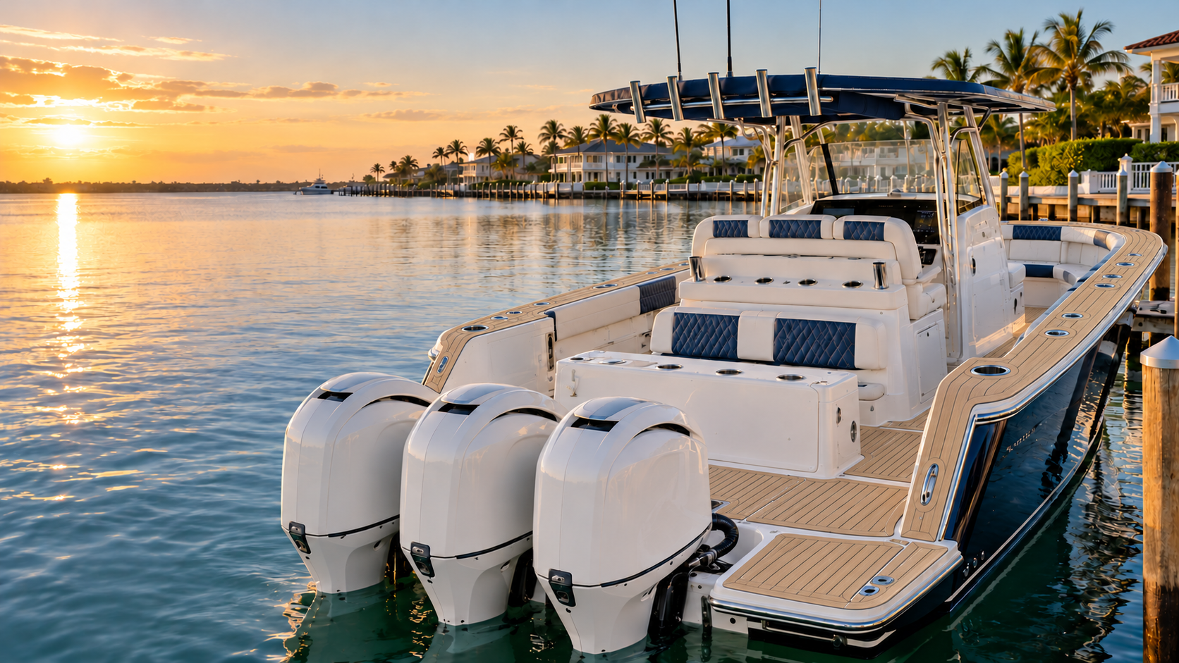Luxury center-console boat with custom navy upholstery, fitted canvas, and professionally fabricated Flexiteek decking with narrow caulking and clean fitted borders at a Gulf Coast marina