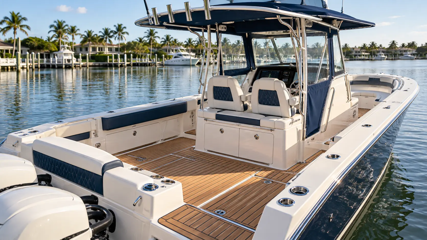 Center-console boat with custom upholstery, marine canvas, and synthetic teak decking