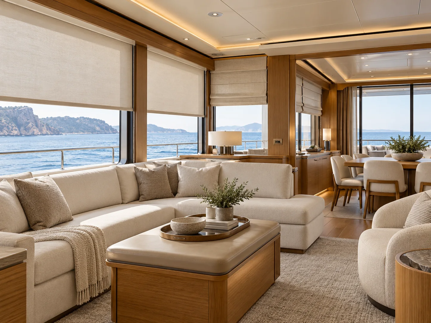 Neutral custom blinds installed in a refined yacht salon
