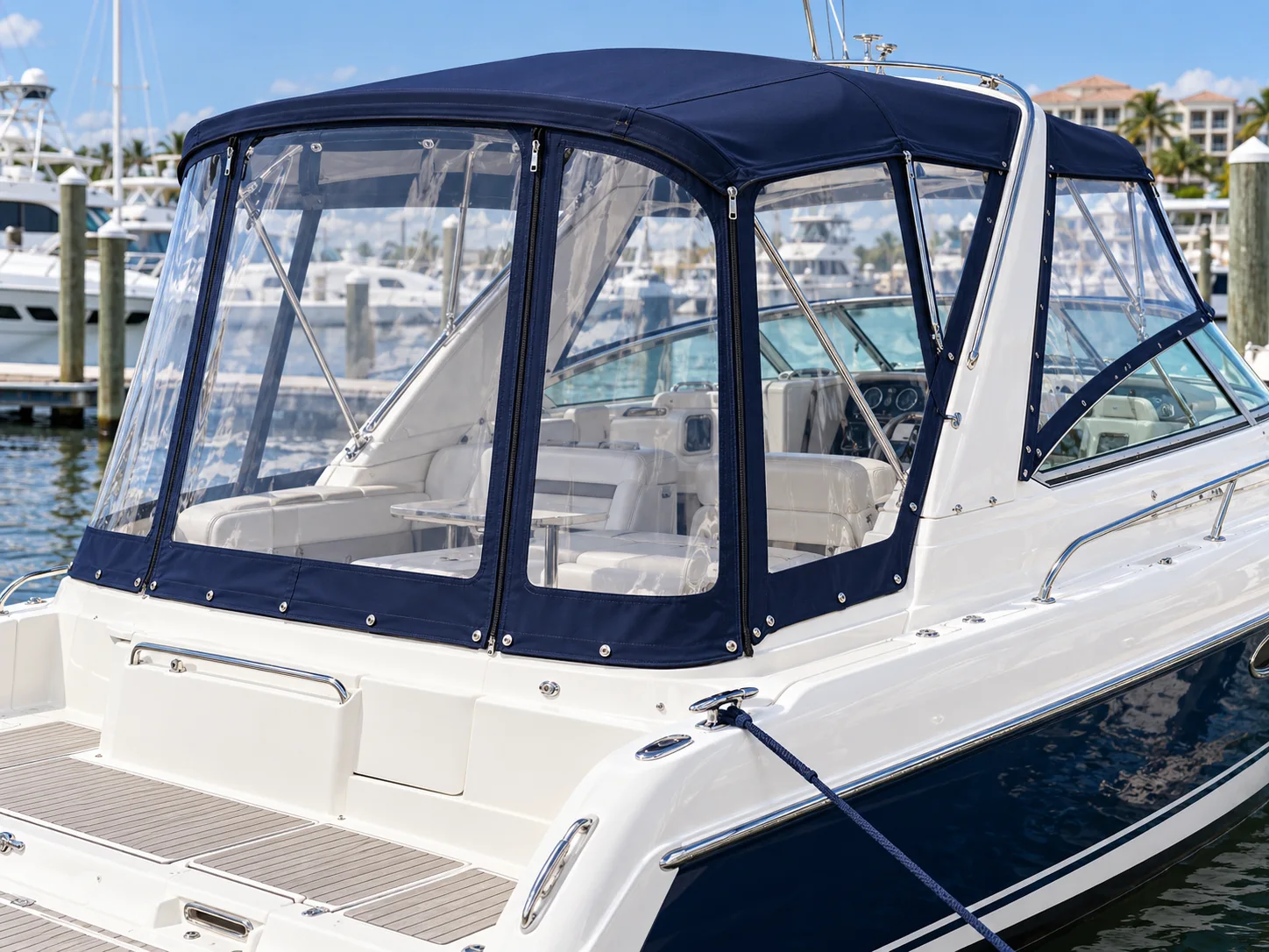 Custom clear canvas enclosure fitted to a cabin cruiser