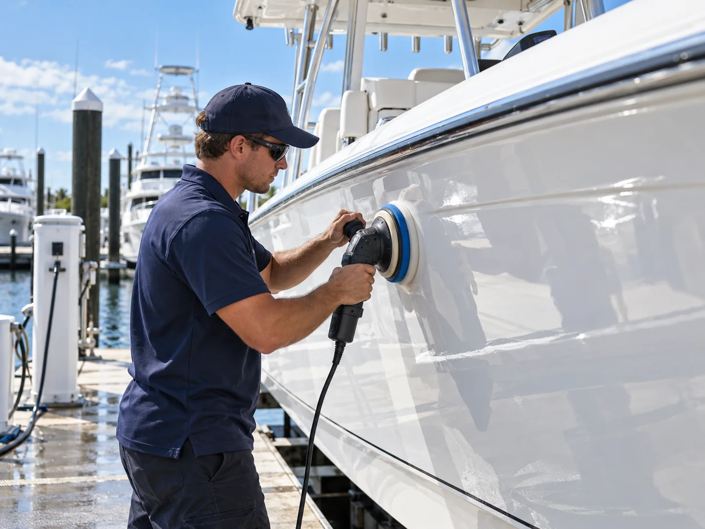 Professional detailer polishing a white center-console boat hull