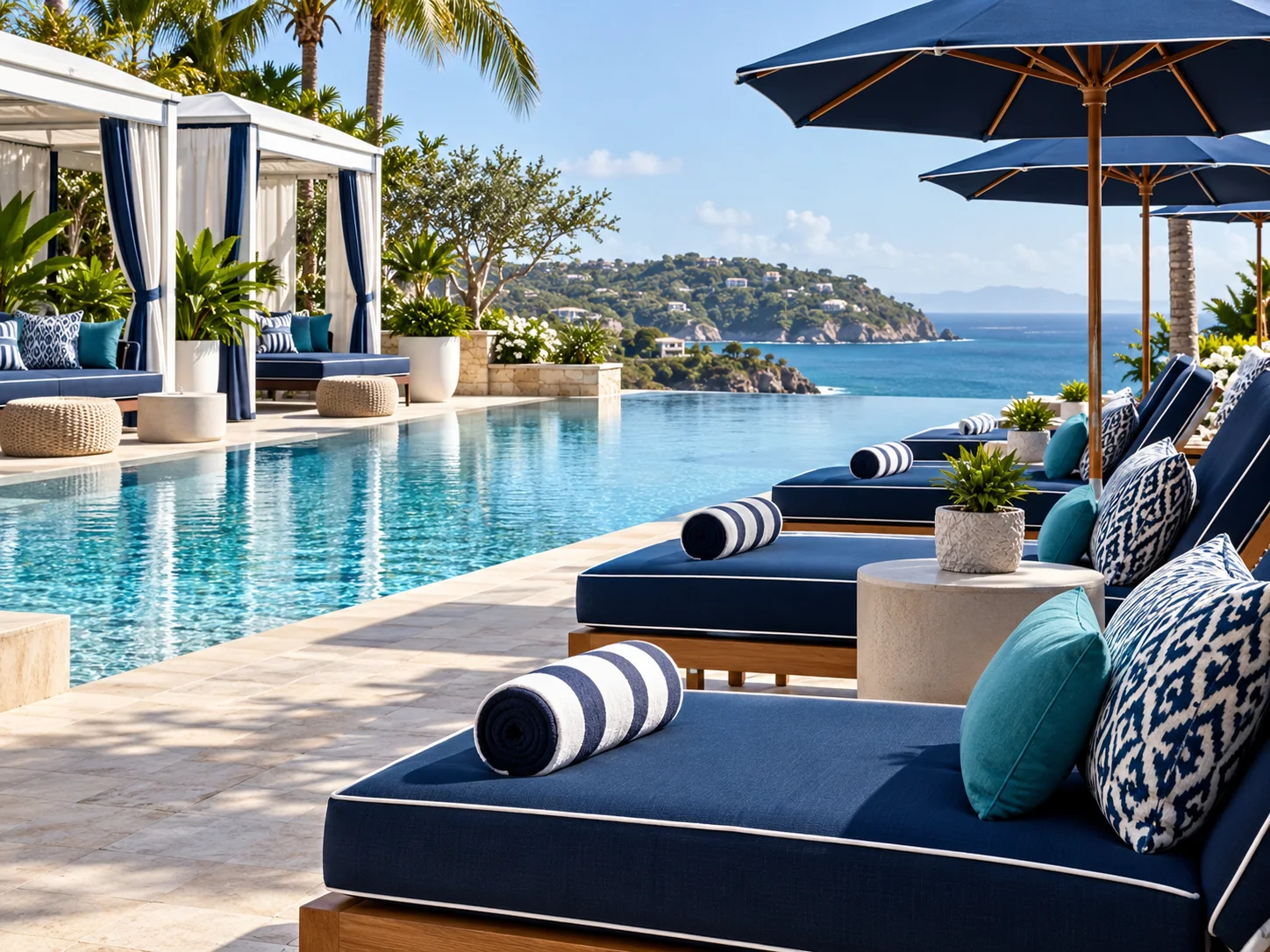 Coastal resort pool terrace with newly upholstered lounge furniture