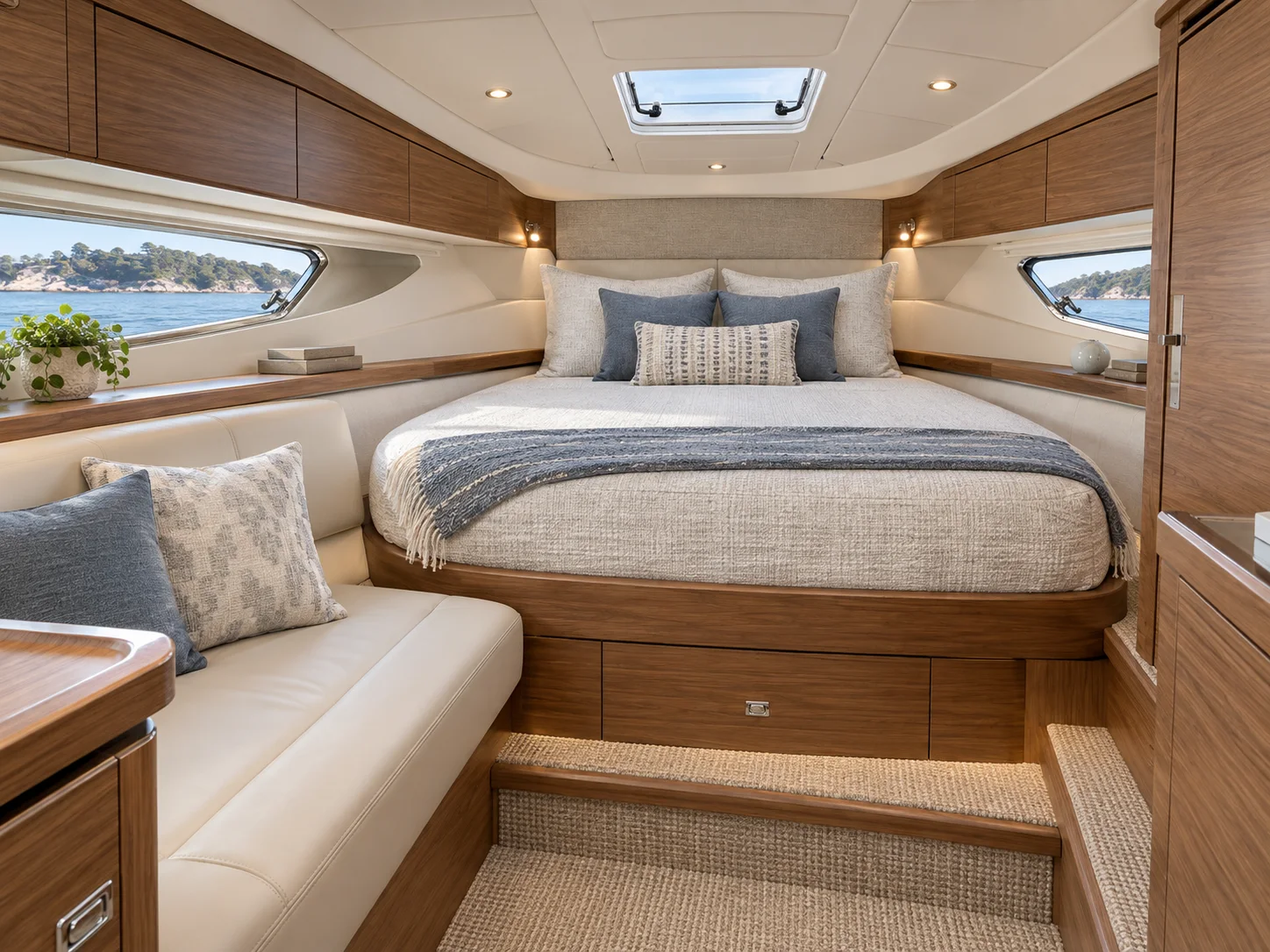 Bright cruiser cabin with custom headliner, bedding, and interior finishes