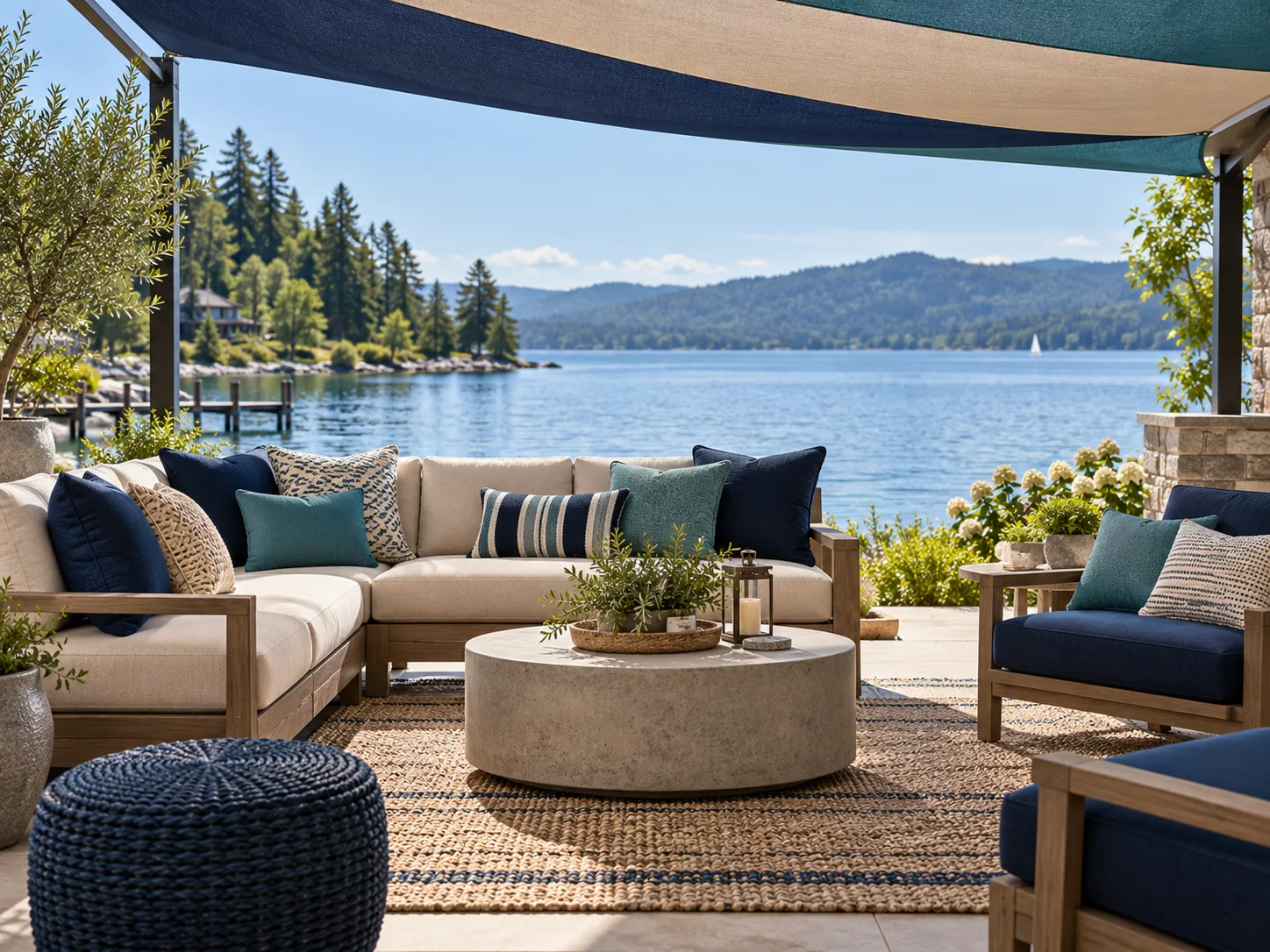 Lakeside outdoor living area with tailored performance-fabric cushions